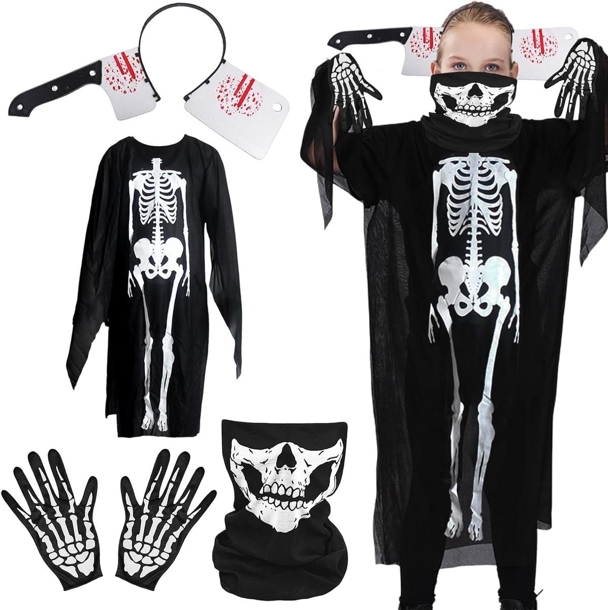 ByShane - Kinderkostuum van 90 cm voor Halloween met skeletprint - Set van 4 - Ideaal voor cosplay en carnaval Feest