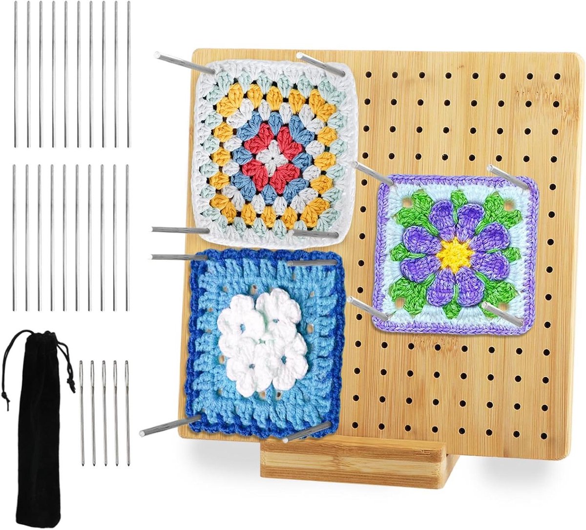 ByShane - Lock Board voor Granny Square - Blokkeerplank 20 x 20 cm van Bamboe met 20 Staafpennen, 5 Roestvrijstalen Naalden en 1 Standaard - Accessoires voor Haken en Breien: gebruiksvriendelijk en handig