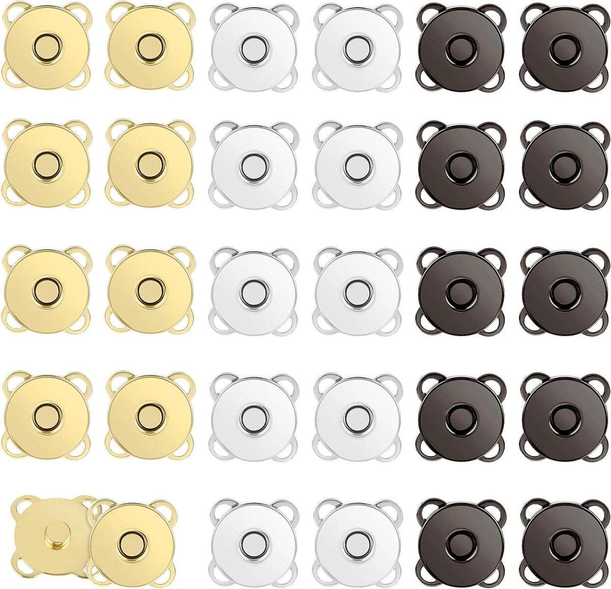 ByShane - Magneetsluiting 30 paar 14 mm - Metaal - Magnetische knopen - Drukknoop - Pruimvormig - Zwart, zilver, goud - Portemonnees, handtassen