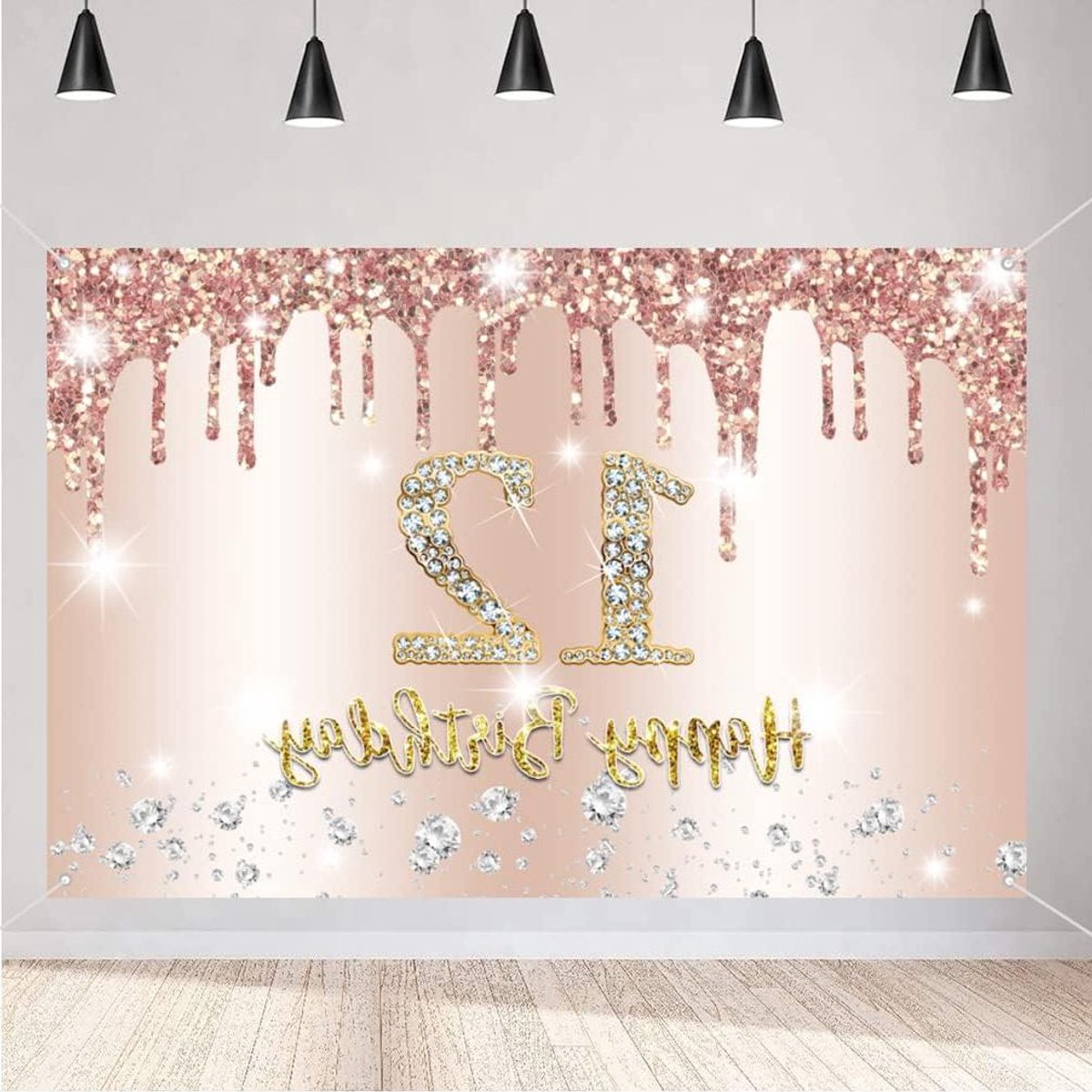 ByShane - Meisje 12 jaar decoratie - Roze gouden Happy 12th Birthday Banner - Stoffen bord - Verjaardagsfeest achtergrond
