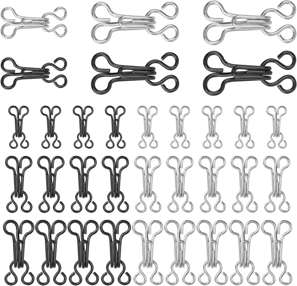 ByShane - Naai Haak en Oog Set voor BH en Kleding - 120 stuks - DIY Vervanging - Zilver en Zwart - 3 Maten