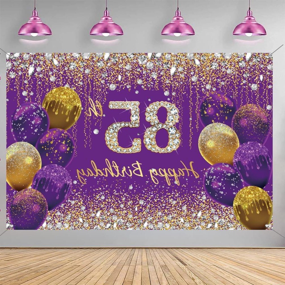 ByShane - Paarse glitter vlekken stof bord - 85e verjaardag decoratie voor vrouwen - Feestelijke 85e verjaardag achtergrond banner - Verjaardagsfeest decoratie met thema - Vrouwelijk feestelijk ontwerp