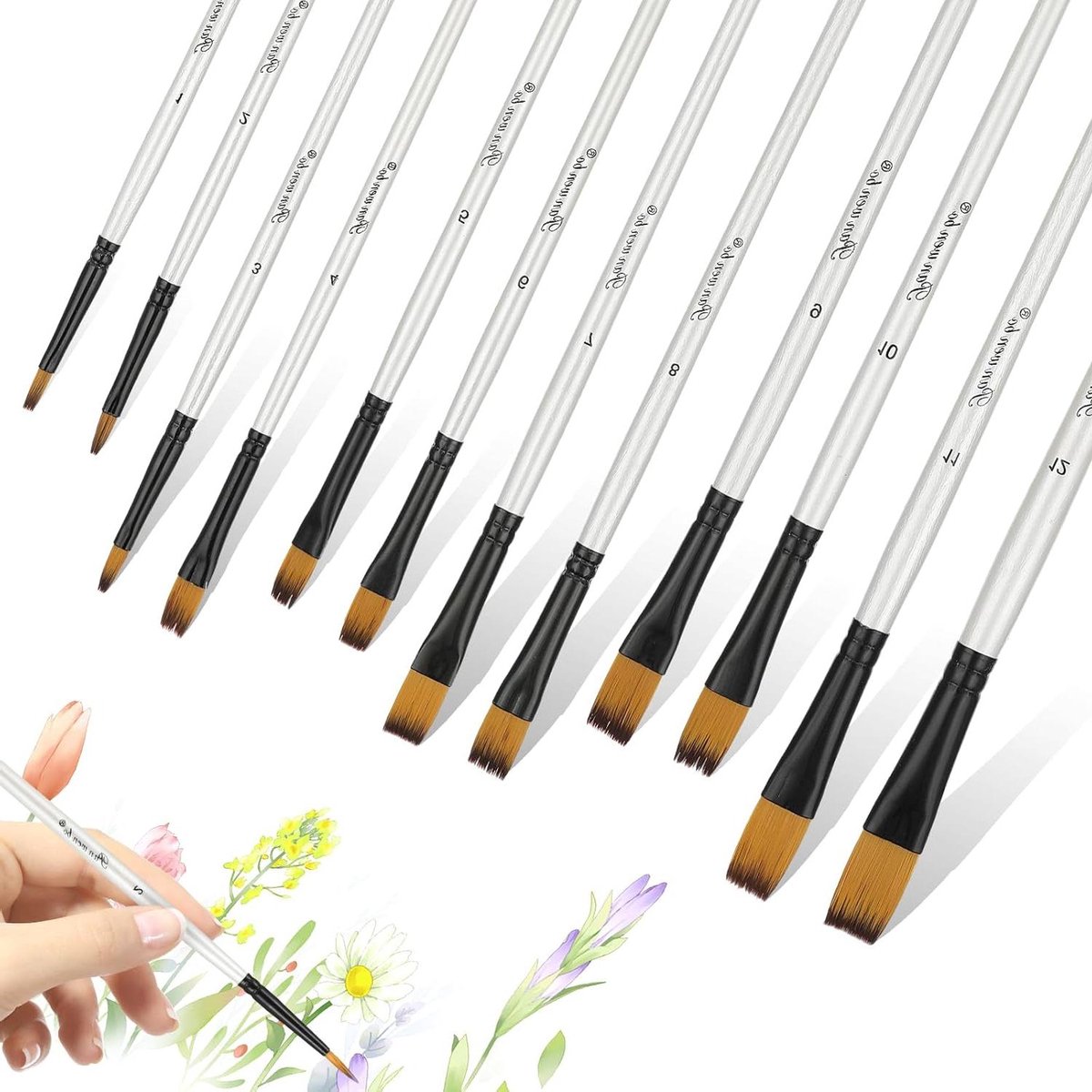 ByShane - Platte Penselen Set 12 Stuks voor Kunstenaars - Nylon Borstels voor Acryl, Aquarel, Gouache, Olieverfschilderijen
