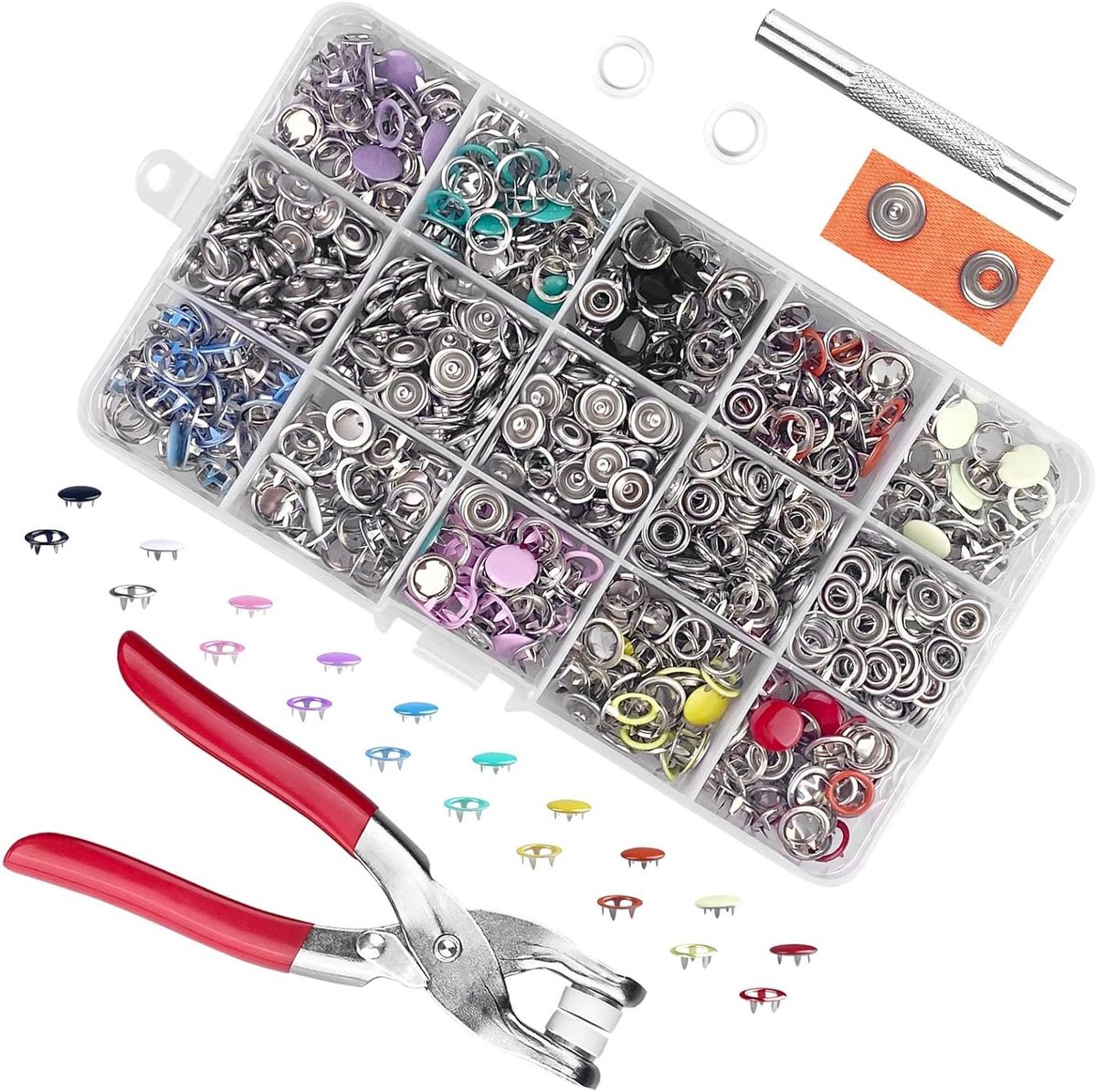 ByShane - Set van 200 paren 10 mm drukknopen en tang - 10 kleuren - Kleding naaitoebehoren - Baby- en kinderkleding, jassen, jeans, handgemaakte tassen