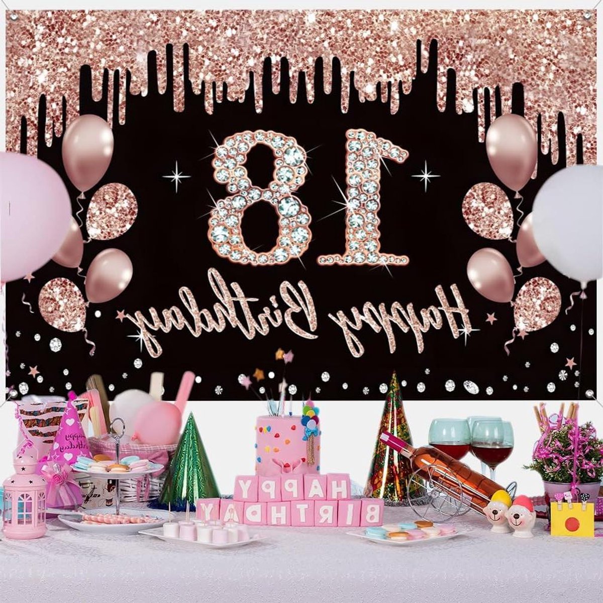 ByShane - Verjaardagsdecoratie meisjes - Zwart en roségoud - Feestdecoratie met stoffen bord en achtergrondbanner - Party welkomstbord - 18e Verjaardag.