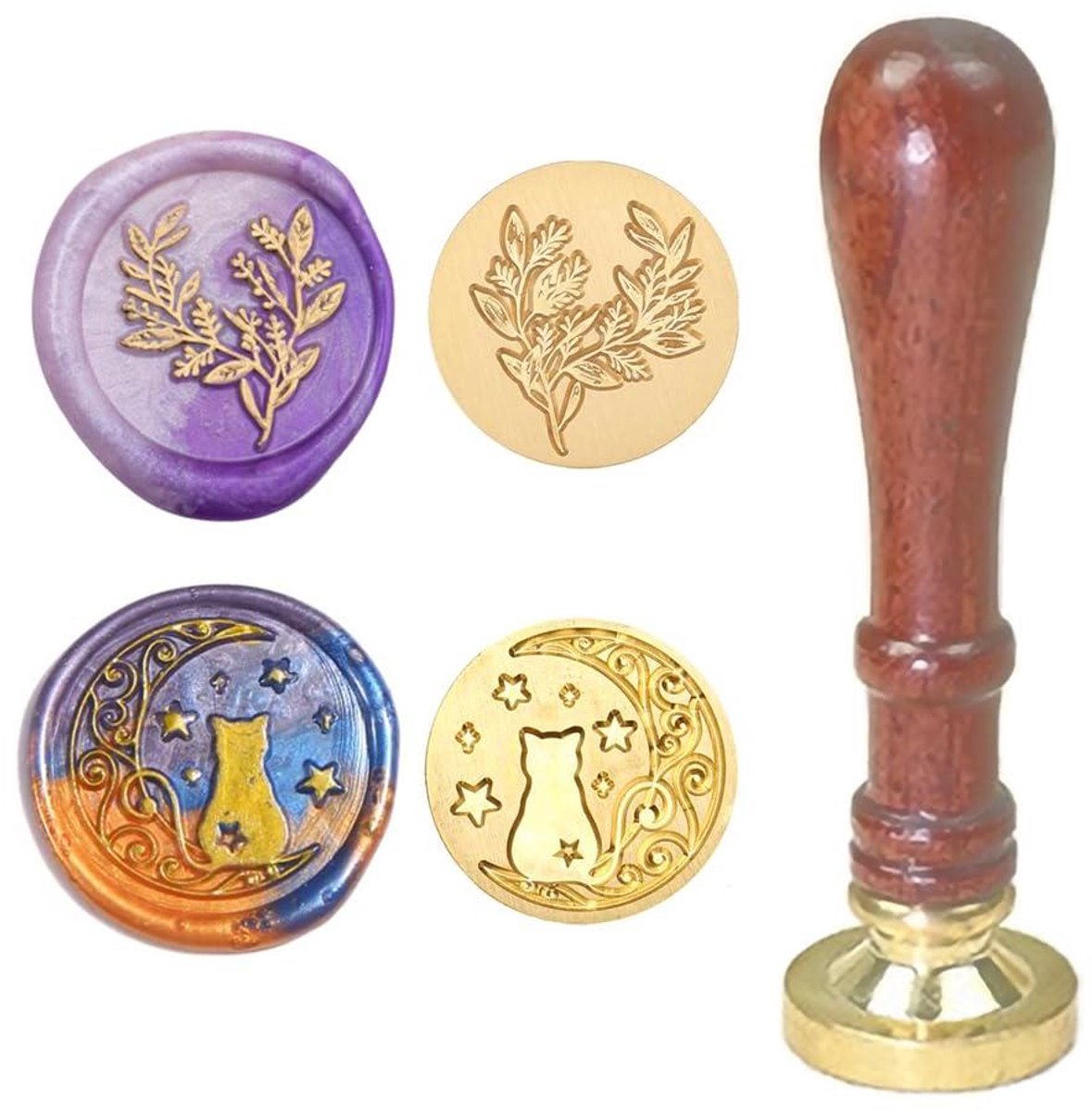 ByShane - Wax Seal Stempel Set met Houten Handvat en Messing Hoofden voor Wenskaarten - Maan Kat en Bladeren Design