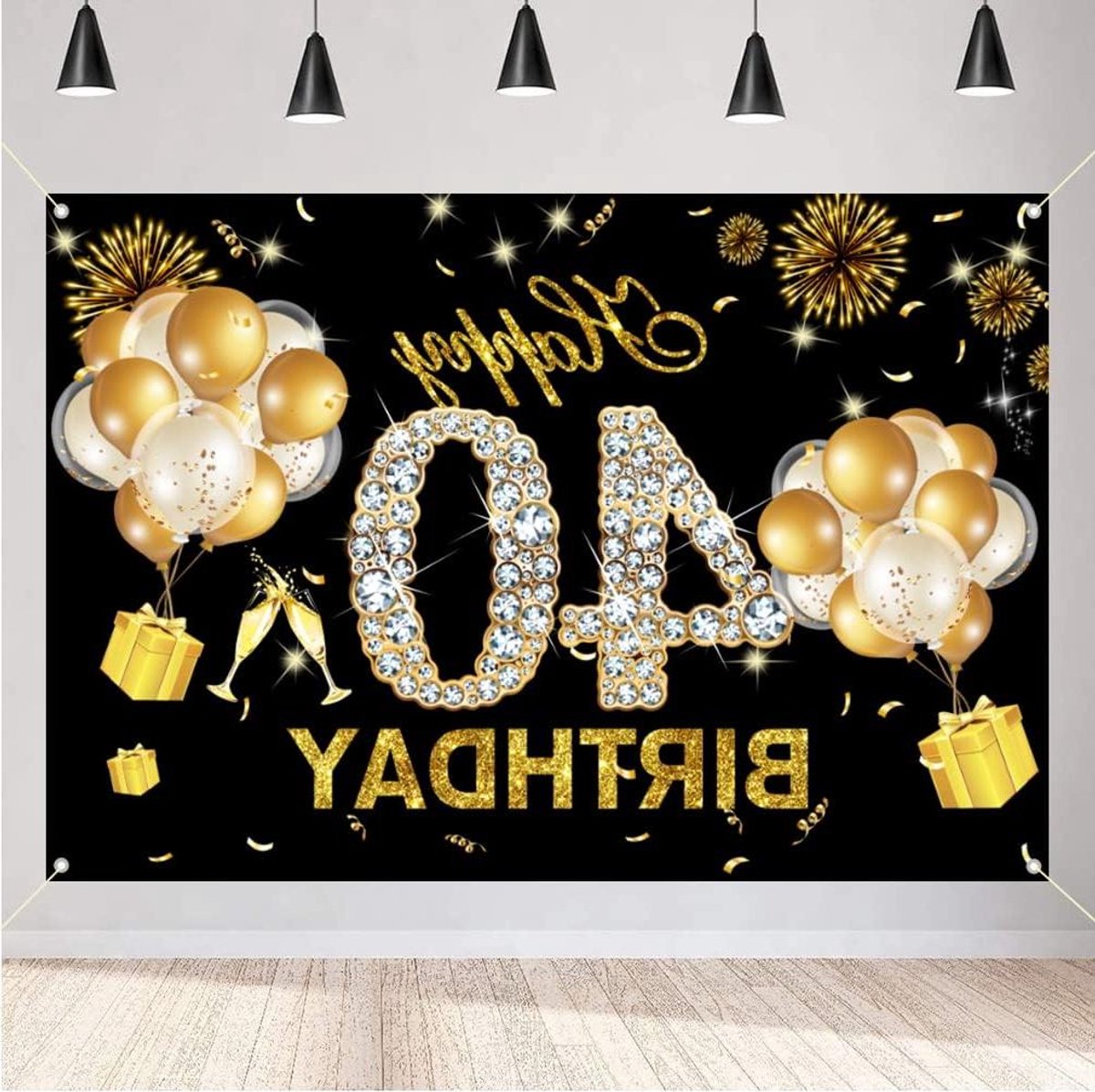 ByShane - Zwarte en gouden glitterfeestdecoratie voor 40e verjaardag - Vrouwelijke thema feestversiering - Vlekken stofbord poster en achtergrondbanner - Verjaardagsfeestdecoratie 40 jaar
