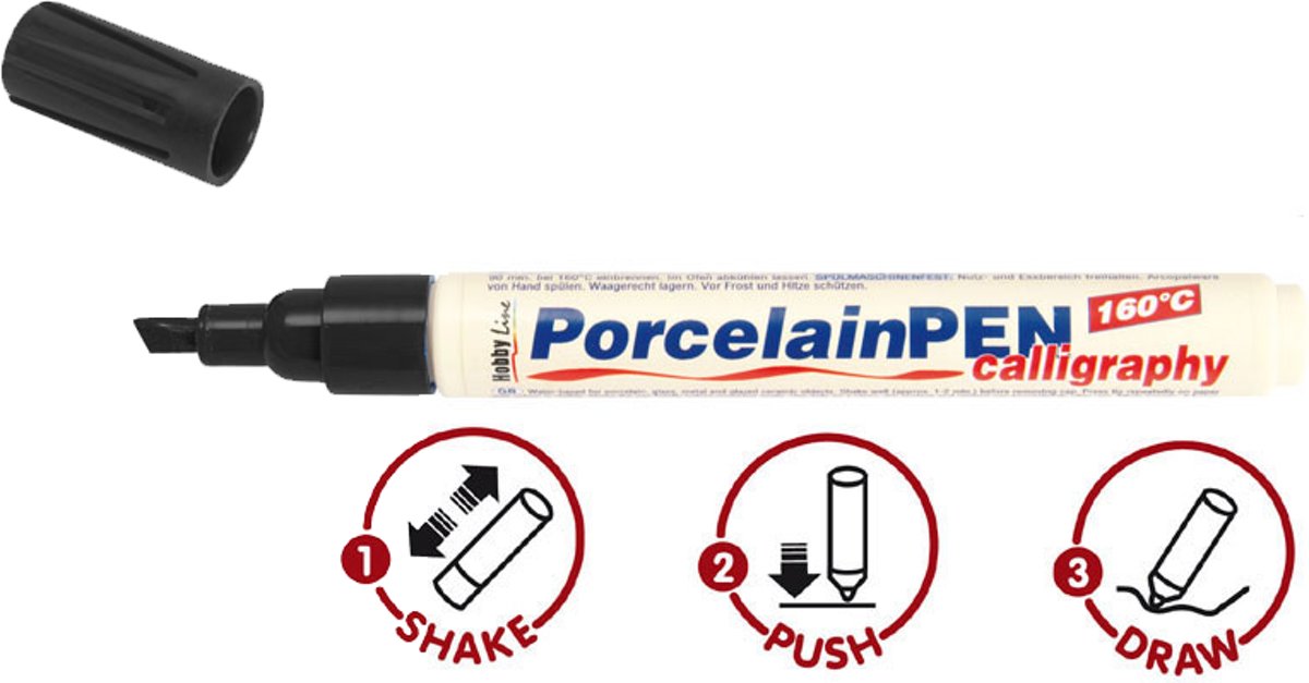 Hobby Line Zwarte Porcelain Pen - Kalligrafie punt - Glas- en porseleinstift op waterbasis geschikt voor glas, porselein, metaal en keramiek