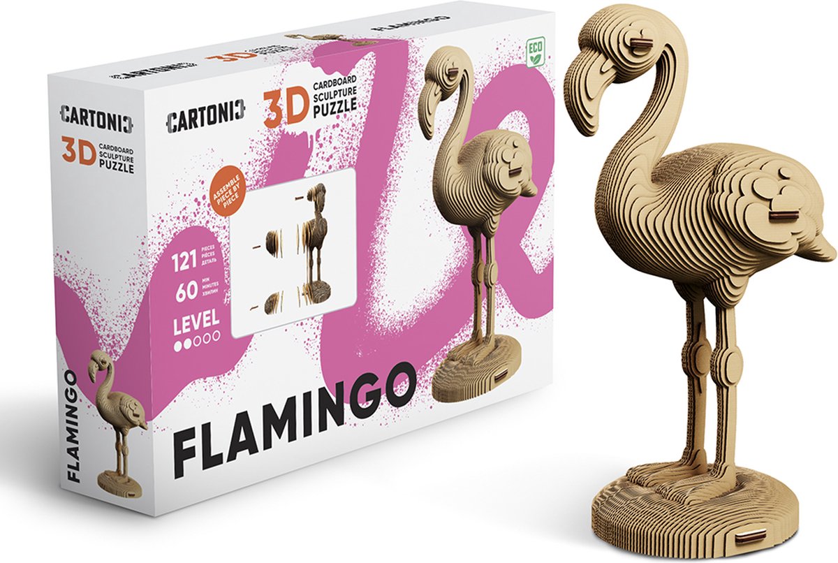 CARTONIC- Flamingo - 3D puzzel- Speelgoed - DIY- Creatief - Karton - Voor kinderen en volwassenen
