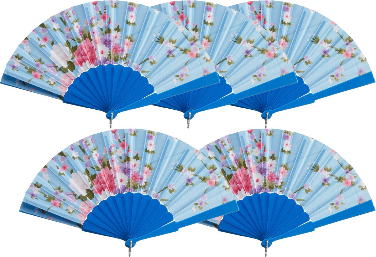 Cepewa Handwaaier/Spaanse waaier Flowers - 5x - blauw - 30 cm - Verkoeling zomer