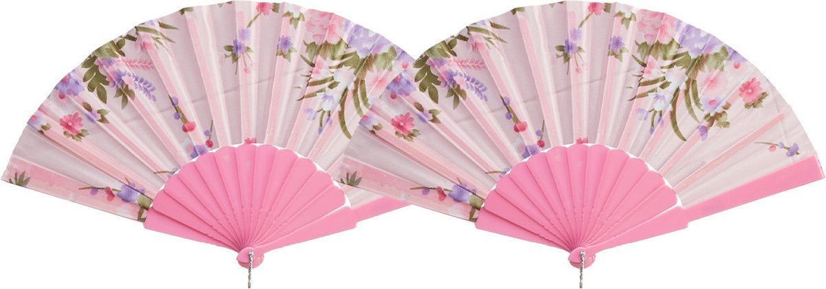 Cepewa Handwaaier/spaanse waaier Flowers - 2x - roze - 30 cm - Verkoeling zomer