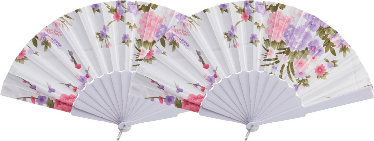 Cepewa Handwaaier/spaanse waaier Flowers - 2x - wit - 30 cm - Verkoeling zomer