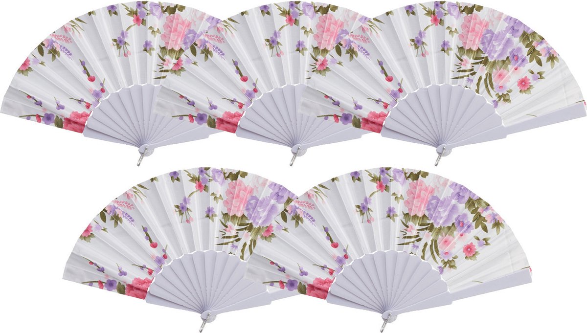 Cepewa Handwaaier/spaanse waaier Flowers - 5x - wit - 30 cm - Verkoeling zomer