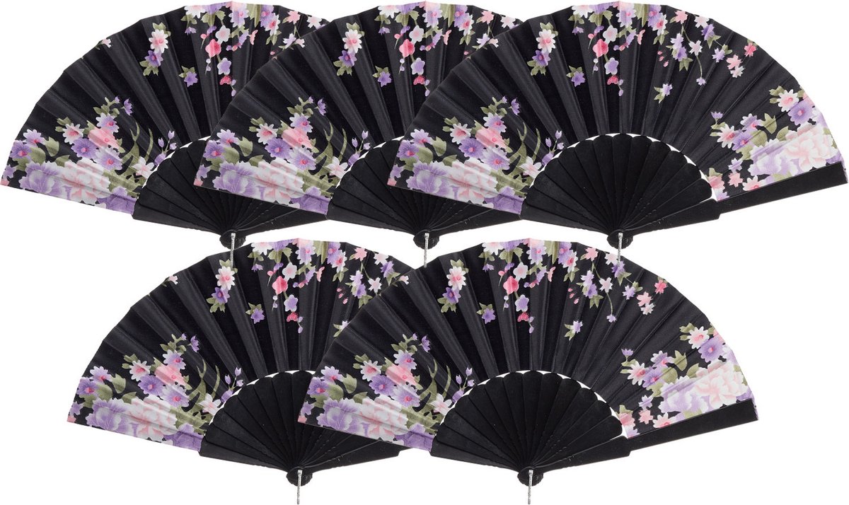 Cepewa Handwaaier/spaanse waaier Flowers - 5x - zwart - 30 cm - Verkoeling zomer