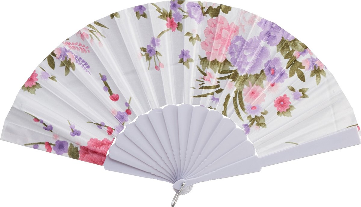 Cepewa Handwaaier/spaanse waaier Flowers - wit - 30 cm - Verkoeling zomer