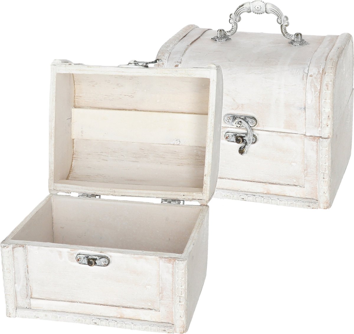 Cepewa klein Sieradenkistje met sluiting/deksel - 2x - 15 x 12 x 12 cm - old look - schatkist stijl - naturel - hout