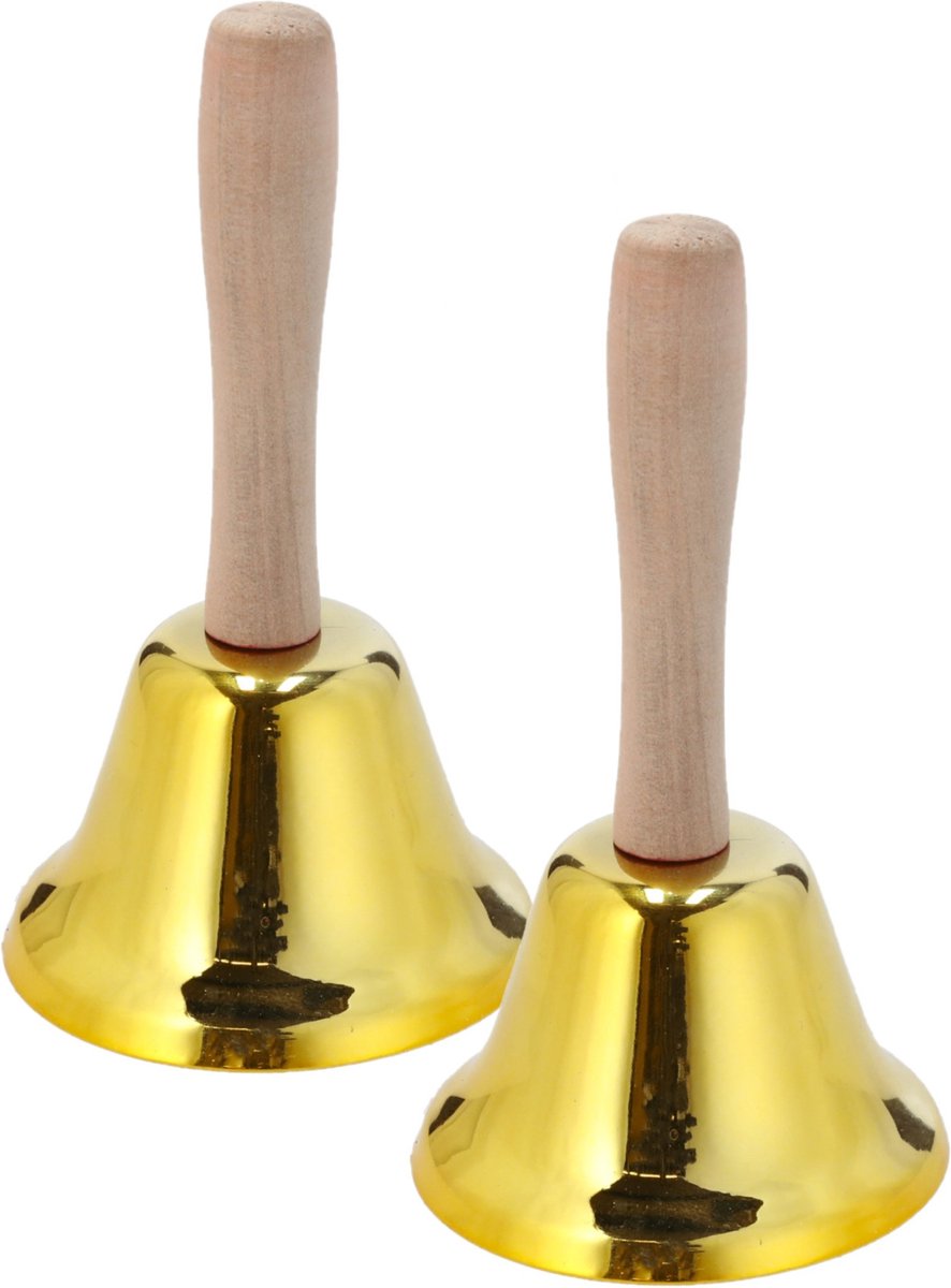 Set van 2x stuks tafelbellen/handbellen goud 12 cm  - butler bel / kerstman bel