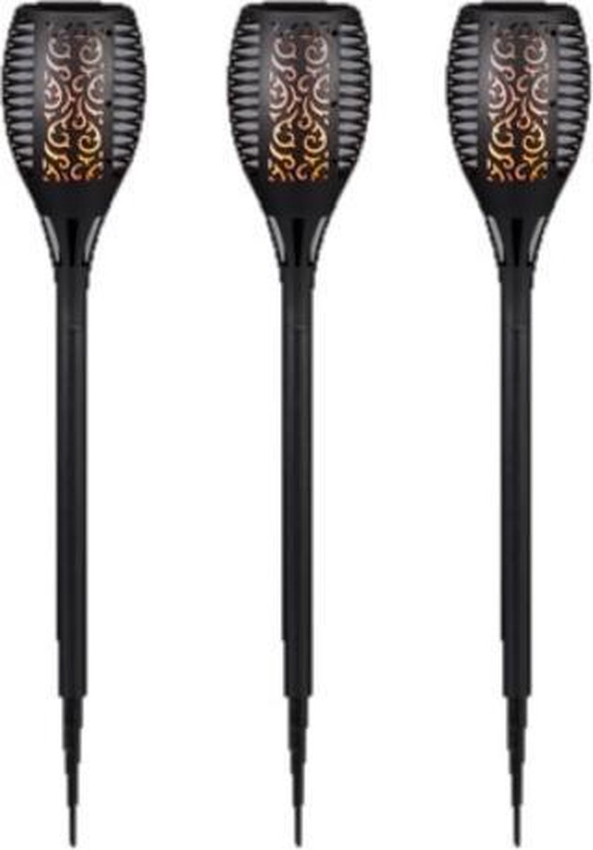 Set van 3x stuks Halloween horror decoratie solar LED tuinfakkels zwart 58 cm - Tuinverlichting/thema feestversiering