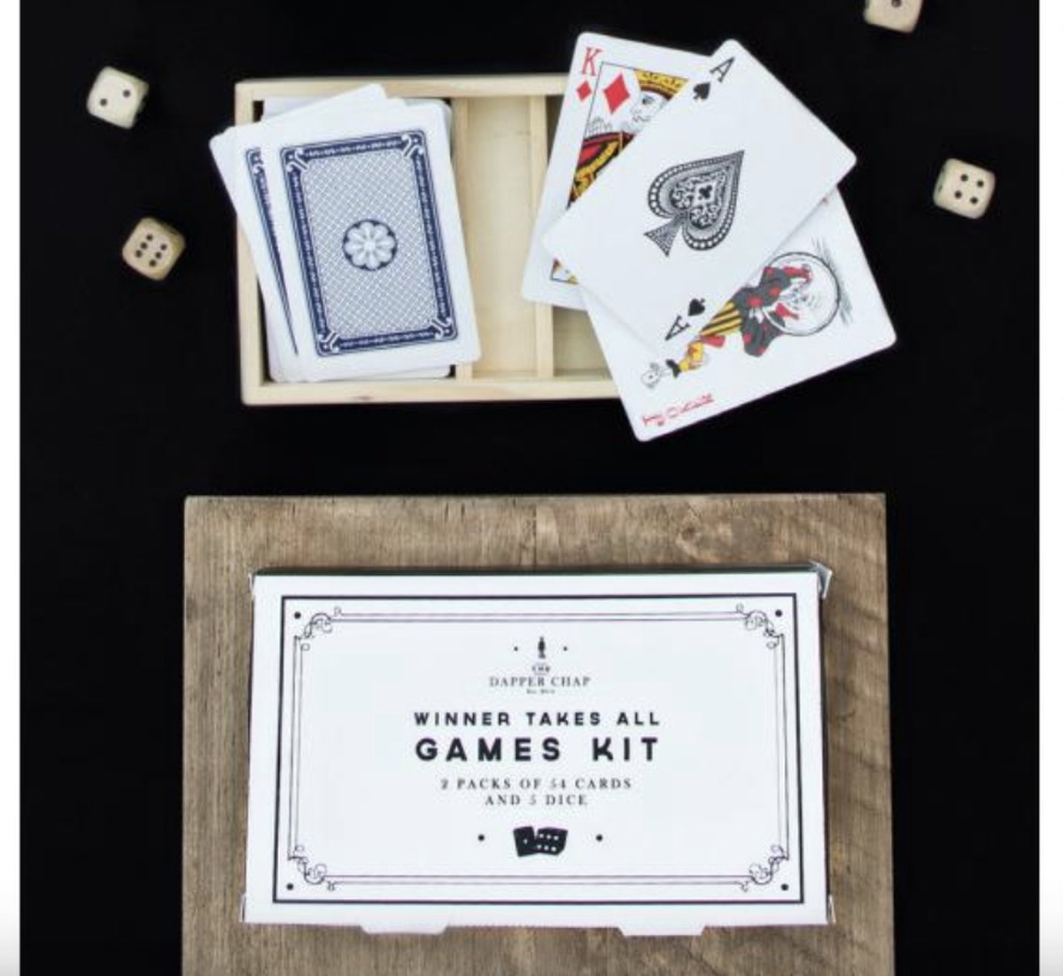 CGB GIFTWARE THE DAPPER CHAP Winner Takes ALL GAMES KIT 2 Packs of 54 Cards and 5 Dice