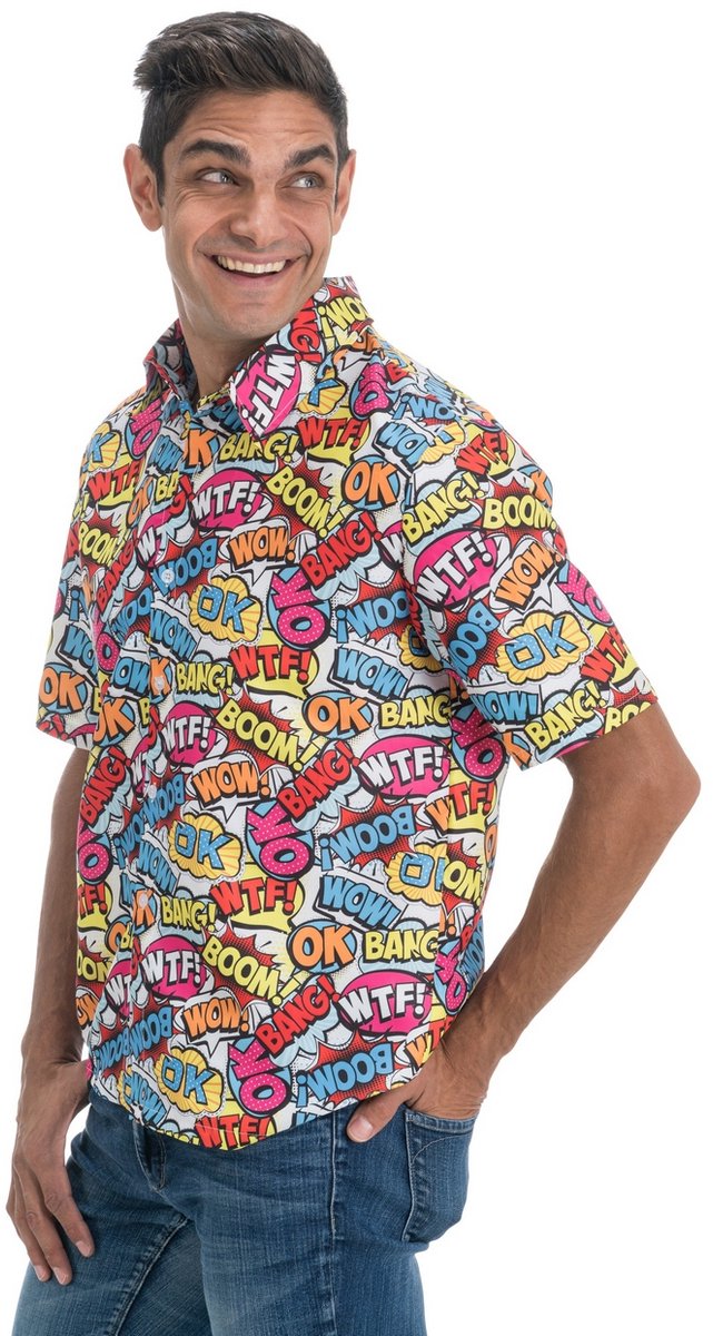 90s Blouse Cartoon gekleurde Tekstwolkjes - Maat XL