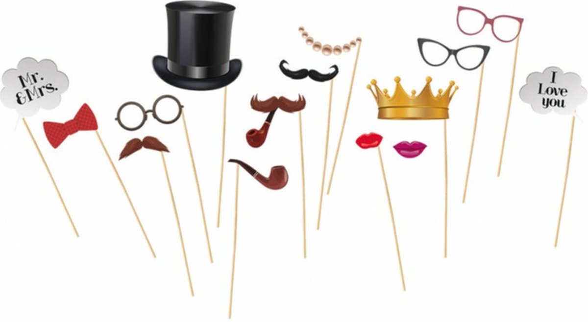 Chaks Foto props huwelijk thema set - 15x delig - op stokjes - photobooth props