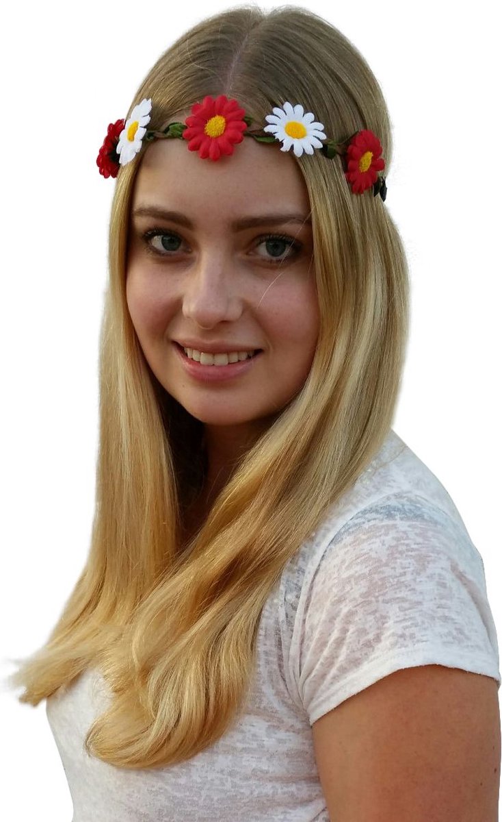 4 Hippie haarbandjes - rood/wit - Toppers 2022