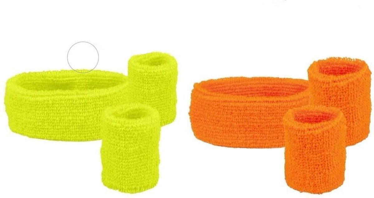 4 Sets zweetbandjes - 2 polsbandjes, 1 hoofdband - 2x neon oranje + 2x neon geel - Festival - Beach party - fout feest