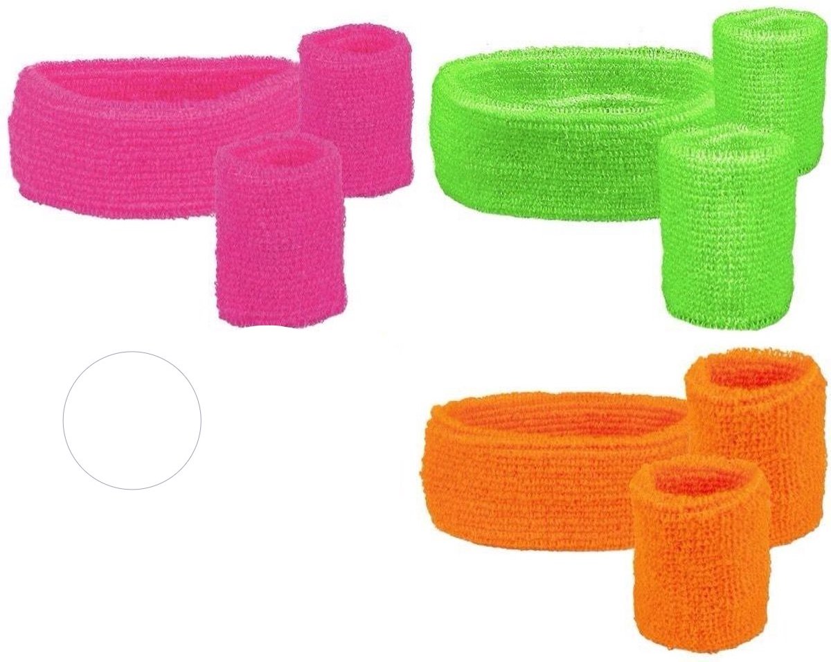 4 Sets zweetbandjes - 2 polsbandjes, 1 hoofdband - neon groen, neon oranje en 2x neon pin - festival - beach party.