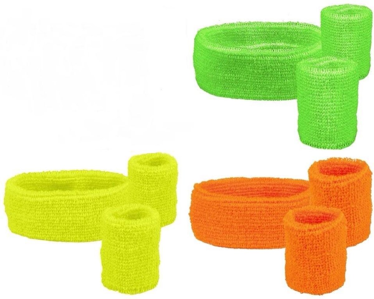 6 Sets zweetbandjes - 2 polsbandjes, 1 hoofdband - 2x neon geel + 2x neon groen + 2x neon oranje - Festival - Beach party - fout feest