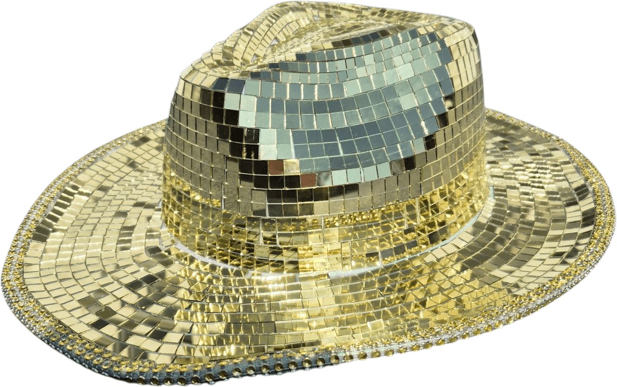 Toppers 2025 spiegelhoed, discohoed goud.