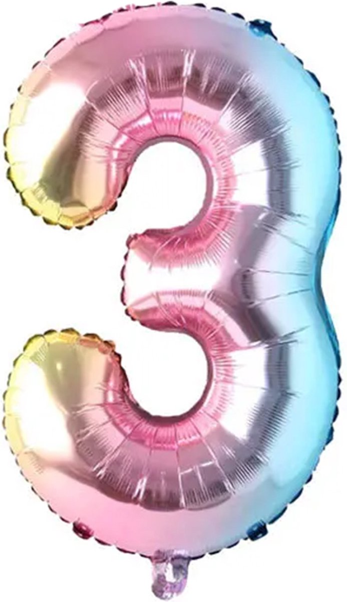 CHPN - Folieballon - 3 jaar - 80CM - Cijferballon - Multicolor - Ballon - Feestdecoratie - Derde verjaardag - Party - Verjaardag - 3 - Regenboog ballon