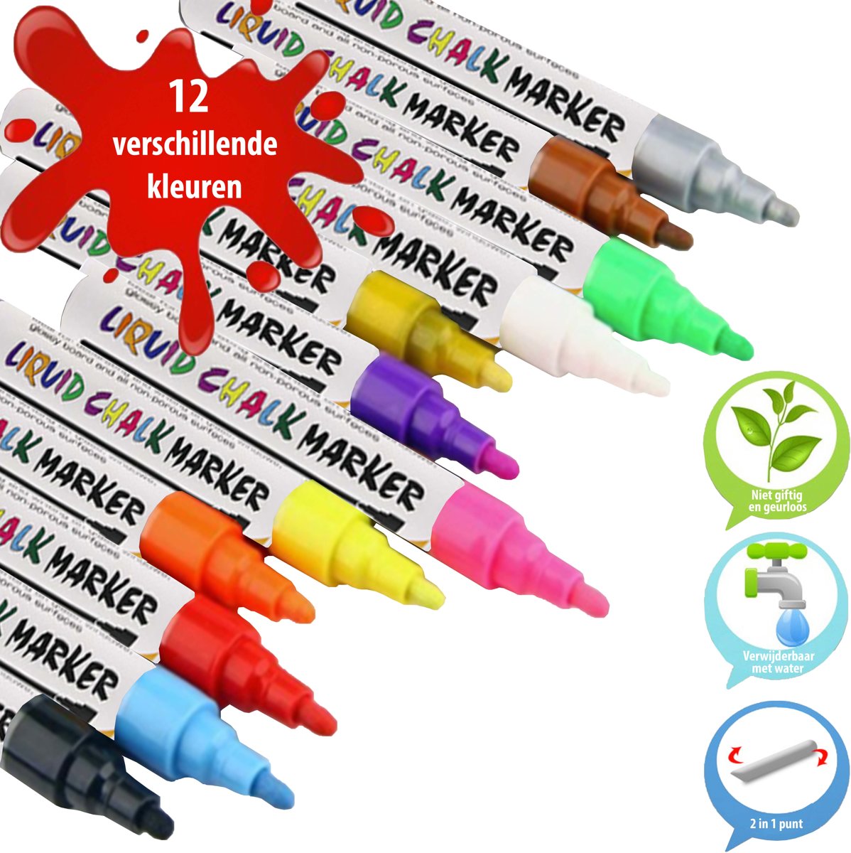 Krijtstiften - Raamstiften - Krijtmarkers - Geschikt om in je haar te gebruiken - Set van 12 kleuren - Stiften - Markers - 6mm reversible tip - Waterbasis - Makkelijk weg te vegen - Raamtekenstiften - Glasstiften - Porselein - Kleuren - Tekenen