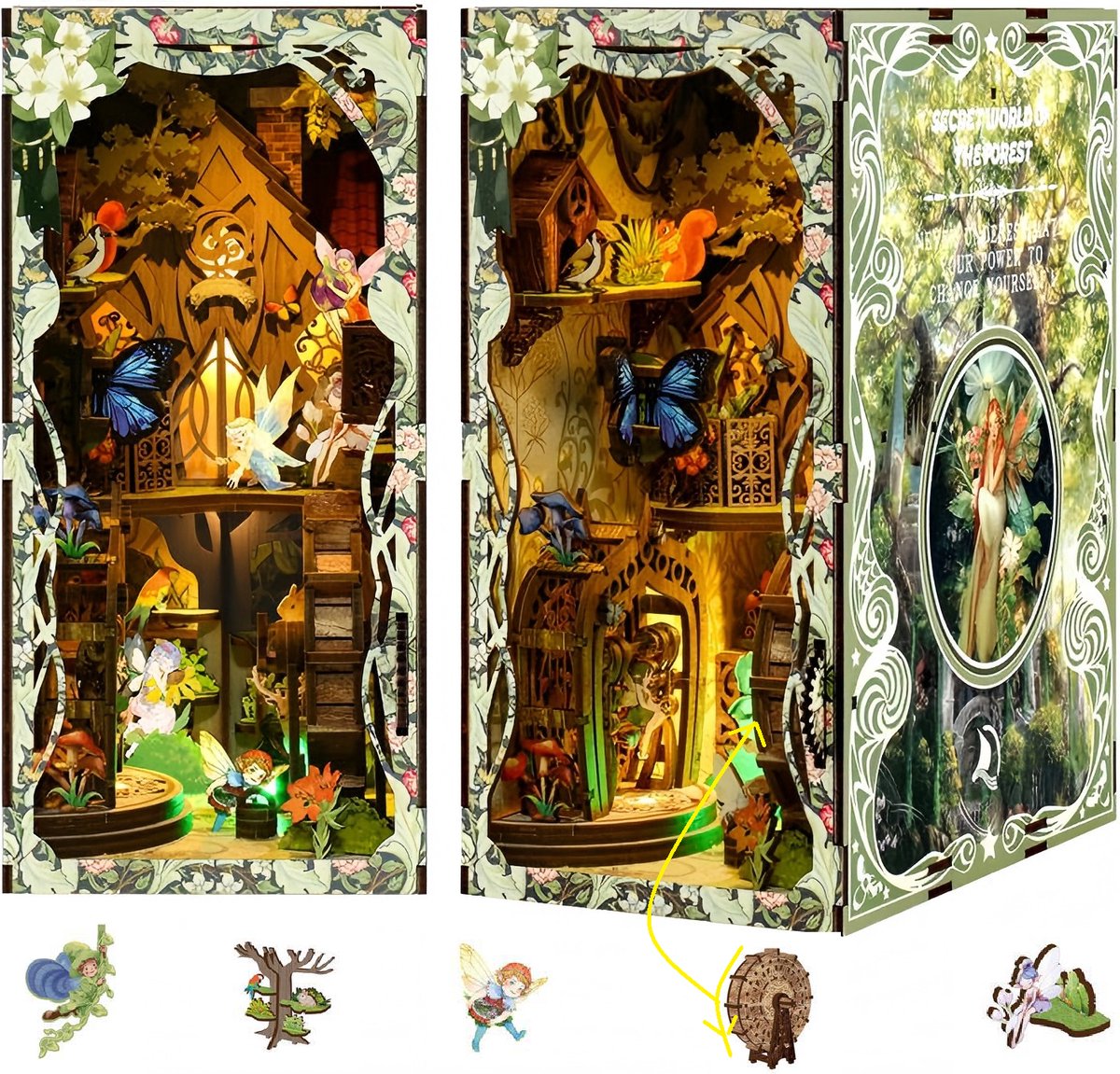 DIY Book Nook Kit met met Mechanische transmissie & Led-De tovenaar van Oz-Miniatuurhuis- Overbrenging van waterradtandwielen- houten modelbouw- Boekenplank- Insert Decor- Miniatuur Poppenhuis Model Kit voor Kinderen Volwassenen Gift