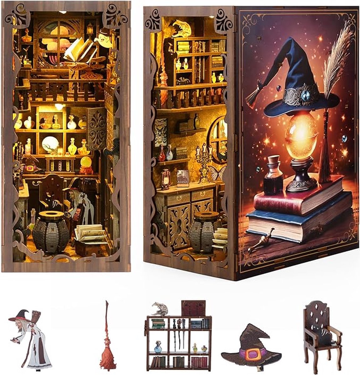 DIY Magic Book Nook Kit- Magische Nacht- houten modelbouw- DIY miniatuur poppen huis- met LED-licht en meubels - doe-het-zelf houten poppenhuis kit -puzzel huis model bouwsets, thuis, boekenplank decor