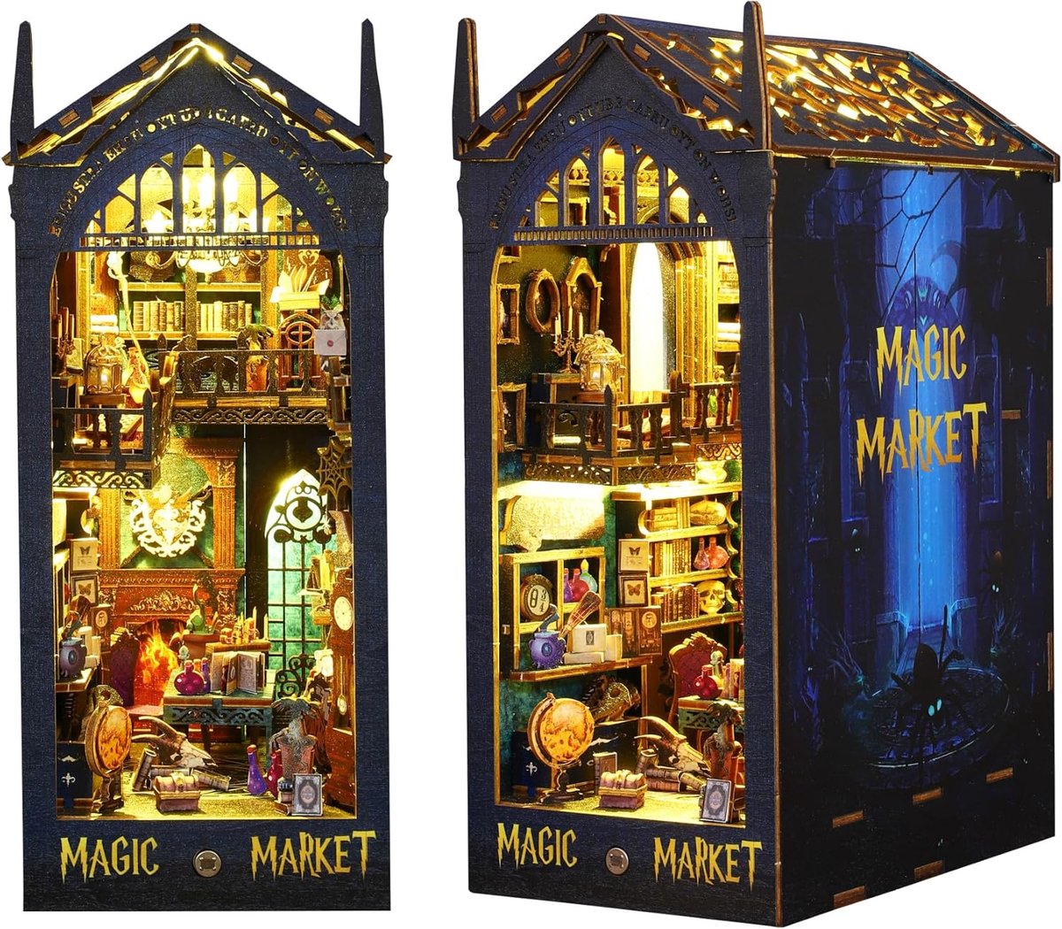 DIY Magic Book Nook Kit met sensorlicht- Magic Market- houten modelbouw- DIY miniatuur poppen huis- Houten Miniatuurhuis met LED Verlichting & muziek doos - doe-het-zelf houten poppenhuis kit -Creatieve Decoratie voor Boekenplank of Bureau