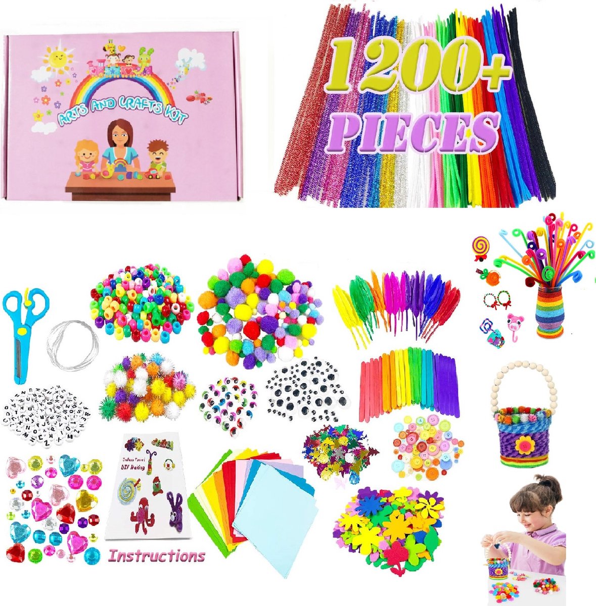 Knutseldoos Zelfmaakset-1200+PCS Creatief- Knutselpakket -Knutselwerk voor Kinderen-knutselaccessoires - Creatief Speelgoed - Knutselkoffer - Knutselset - Knutselbox - Knutselen Meisjes - Knutselen Jongens - Knutselen voor kinderen