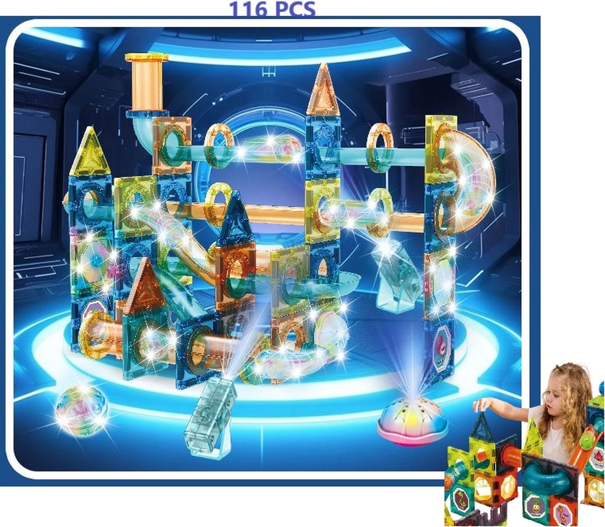 Nieuwe Licht Magnetische Blokken met Verlichting - 116 Stuks met glijbaan & ballen- 3D Magnetisch Spoor Speelgoed voor Kinderen - Montessori Puzzelblokken - Educatief Geschenk Bouwset Voor Jongens en Meisjes 3 Jaar +