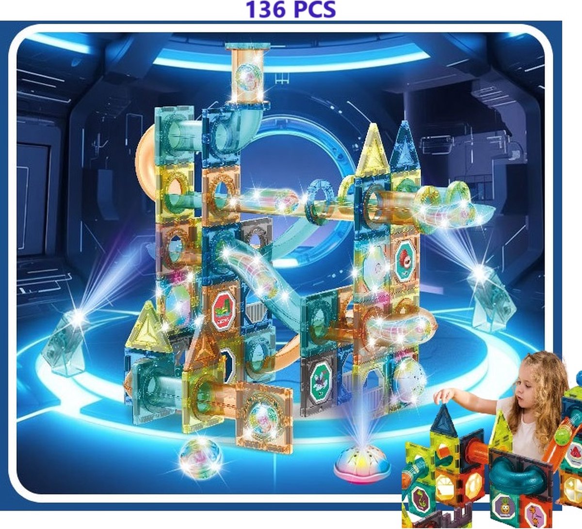 Nieuwe Licht Magnetische Blokken met Verlichting - 136 Stuks met glijbaan & ballen- 3D Magnetisch Spoor Speelgoed voor Kinderen - Montessori Puzzelblokken - Educatief Geschenk Bouwset Voor Jongens en Meisjes 3 Jaar +