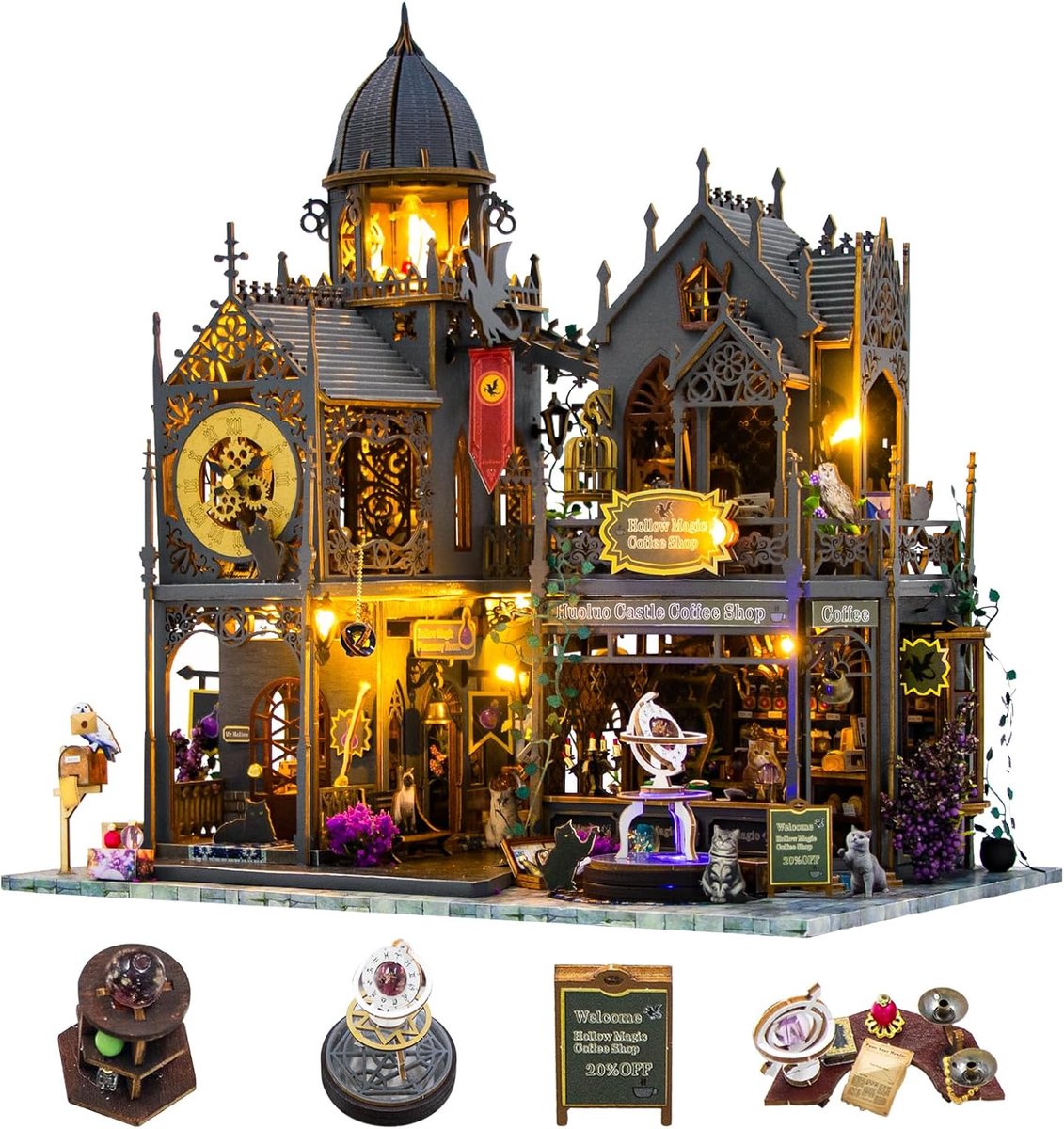 Premium XXL Miniatuur bouwpakket - Premium DIY magisch kasteel-houten modelbouw- Miniatuur bouwpakket- miniatuur poppenhuis-handgemaakt houten model-Met LED verlichting- Miniatuurhuisje – Voor 14 jaar +