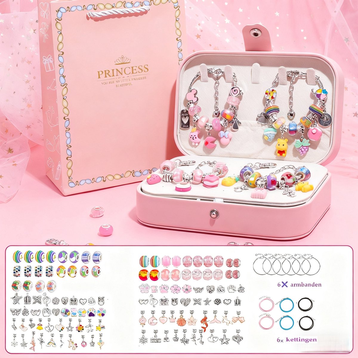 Sieradenset Meisje(132pcs) met lederen sieradendoosje -DIY Sieradenpakket voor Meisjes -Kettingen armbanden zelf maken - sieraden DIY knutselset voor kinderen - Armbandjes Maken Set - kindersieraden, knutselen, kinderspeelgoed(5-12 jaar)-Roze