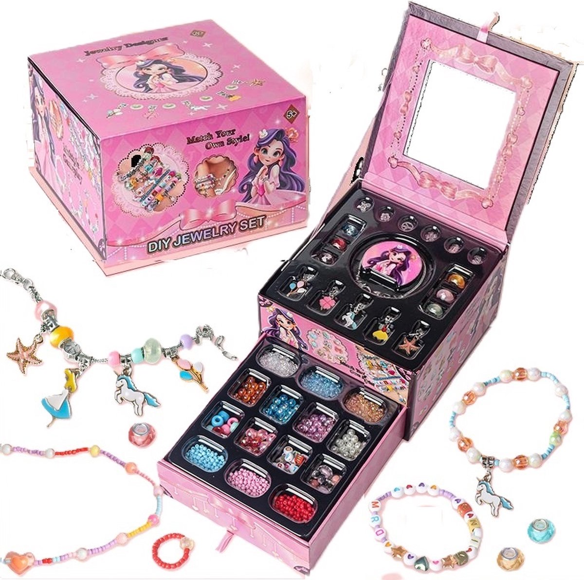 Sieradenset Meisje met sieradendoosje -DIY sieradendoos -Kettingen armbanden zelf maken - sieraden DIY knutselset voor kinderen - bedelarmbandkit doe-het-zelf kindersieraden, knutselen, kinderspeelgoed(5-10 jaar)-Roze