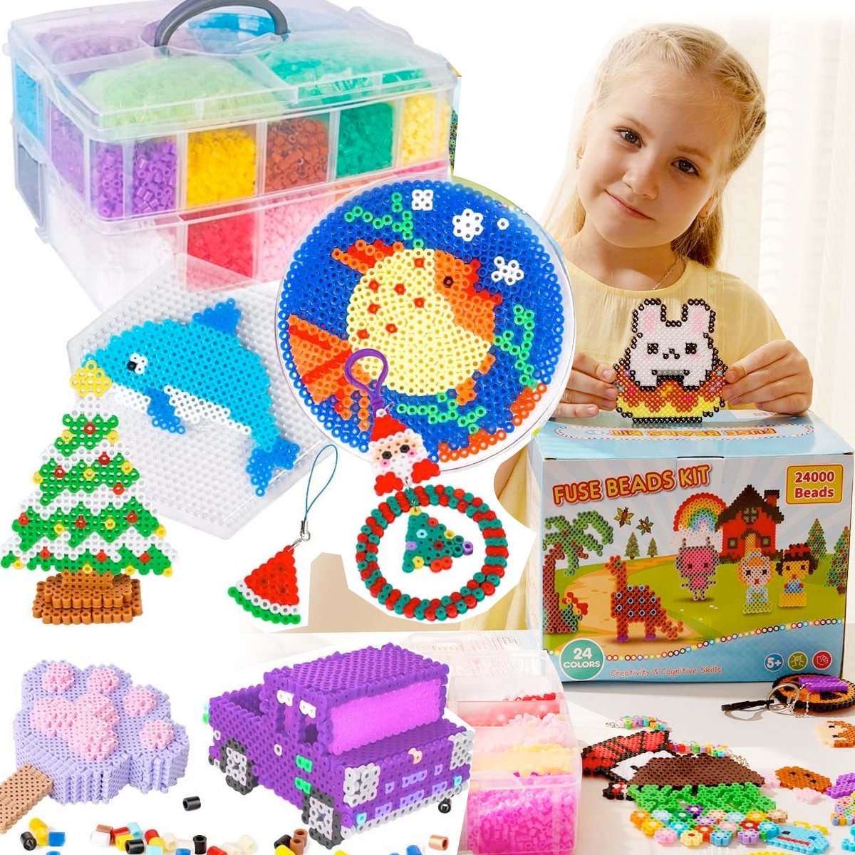 Strijkkralen met grondplaat-24000 Strijkkralen(5mm)24 kleuren-Knutselkralen met Opbergdoos-Met pegboards pincet-patroon gids-lanyards-Creatief Knutselplezier voor Groot en Klein-doe-het-zelf Kerstcadeaus voor Kinderen Meisjes