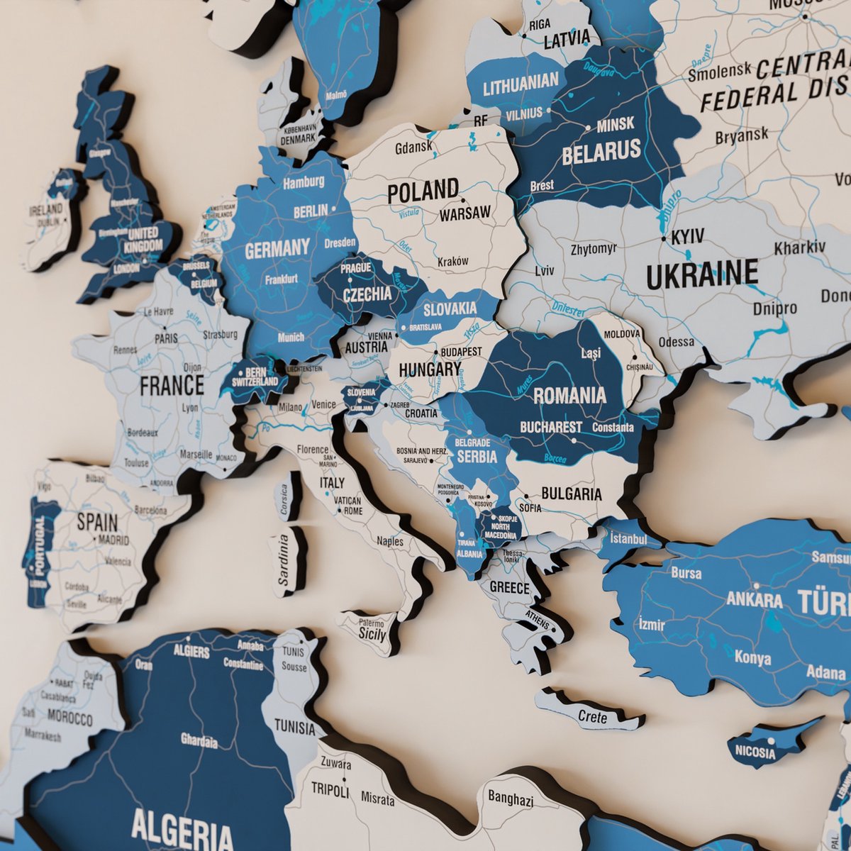 Wanddecoratie - Wereldkaart - Wereldkaart Prikbord - Wereldkaart Wanddecoratie - Houten COLORFULL WORLDS - Wereldkaart - Wereldkaart Hout - Muurdecoratie - Cadeau - Verjaardag Cadeau - Housewarming Cadeau - Navy Mix - Large - 180x125 CM