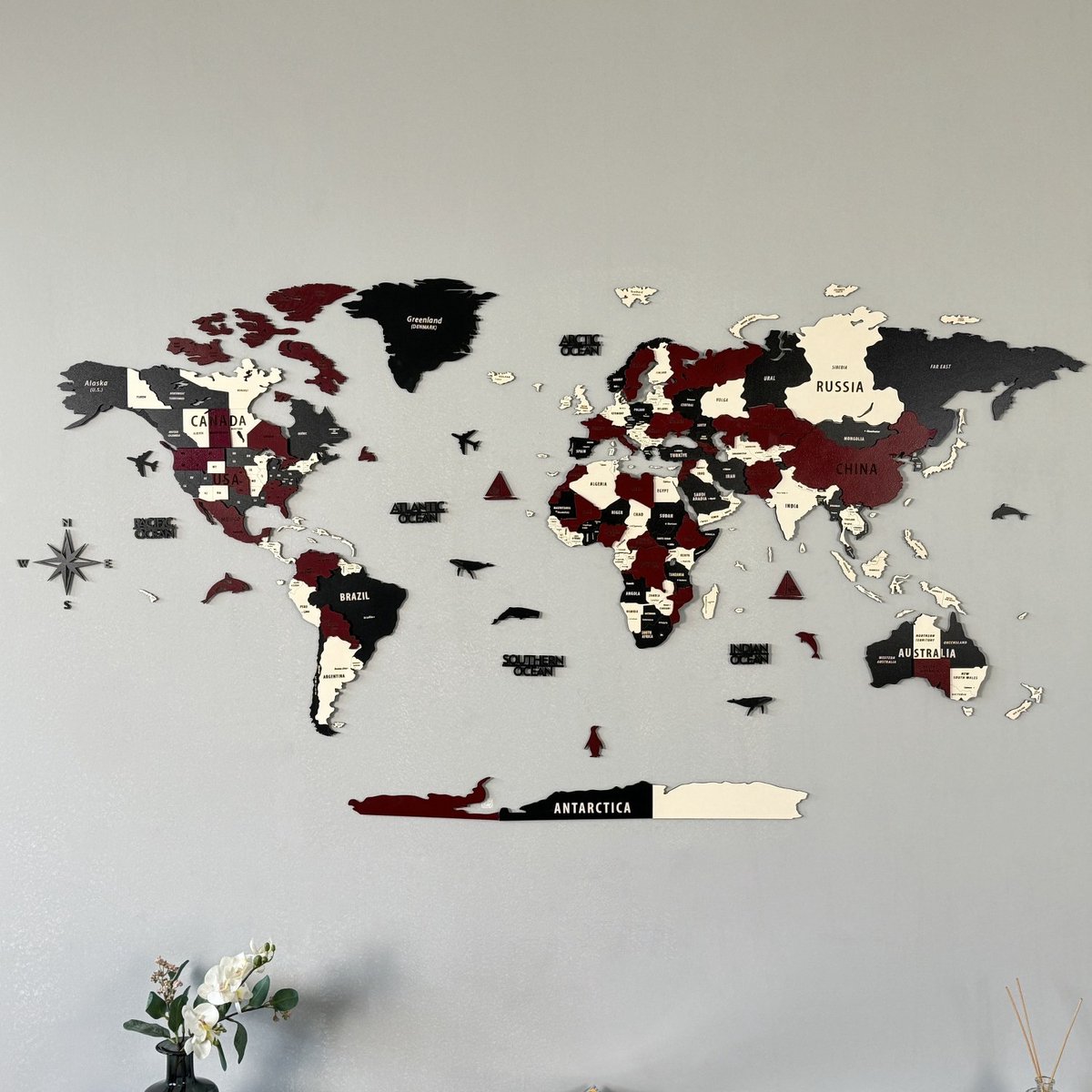 Wanddecoratie - Wereldkaart - Wereldkaart Prikbord - Wereldkaart Wanddecoratie - Houten Wereldkaart - Wereldkaart Hout - Muurdecoratie - Cadeau - Verjaardag Cadeau - Housewarming Cadeau - Mix Bourgondië - XXL- 250 x 135 CM