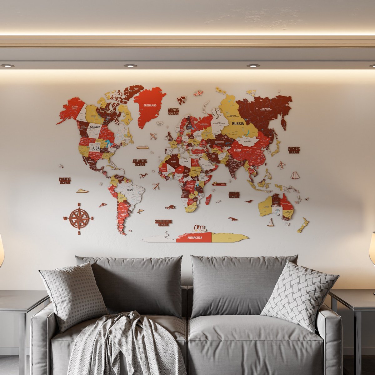 Wanddecoratie - Wereldkaart - Wereldkaart Prikbord - Wereldkaart Wanddecoratie - Houten Wereldkaart - Wereldkaart Hout - Muurdecoratie - Cadeau - Verjaardag Cadeau - Housewarming Cadeau - Terracota Mix - Medium - 120x75 CM