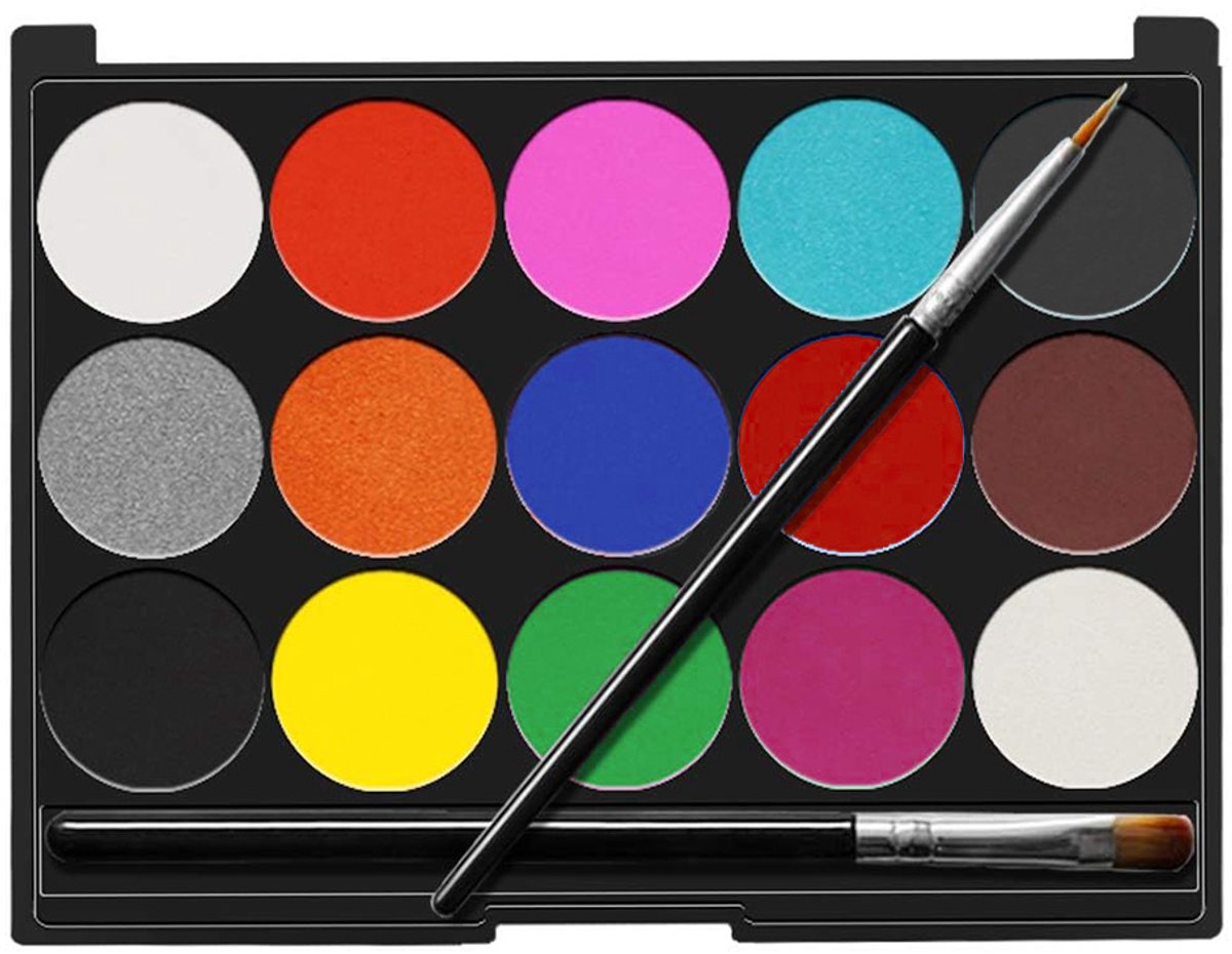 Halloween-make-up voor kinderen - 15 verven op waterbasis - Make-uppalet - Accessoires voor bodypainting - Afwasbare gezichtsverfset voor kinderen - Inclusief 2 kwasten - Perfect voor feesten, cosplay en carnaval