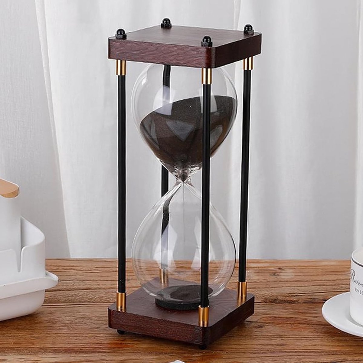 Zandloper - Decoratie of Tijdmeting - 60 Minuten Zwart Zand - H25 cm - Glas/Hout