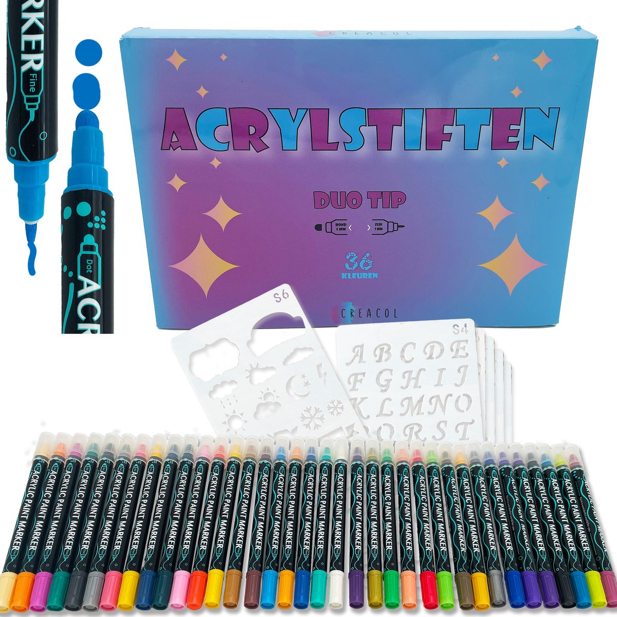 CREACOL Acrylstiften 36 stuks - Dual Tip - Verfstiften - Tekenset - Happy Stones Stiften - Inclusief Sjablonen