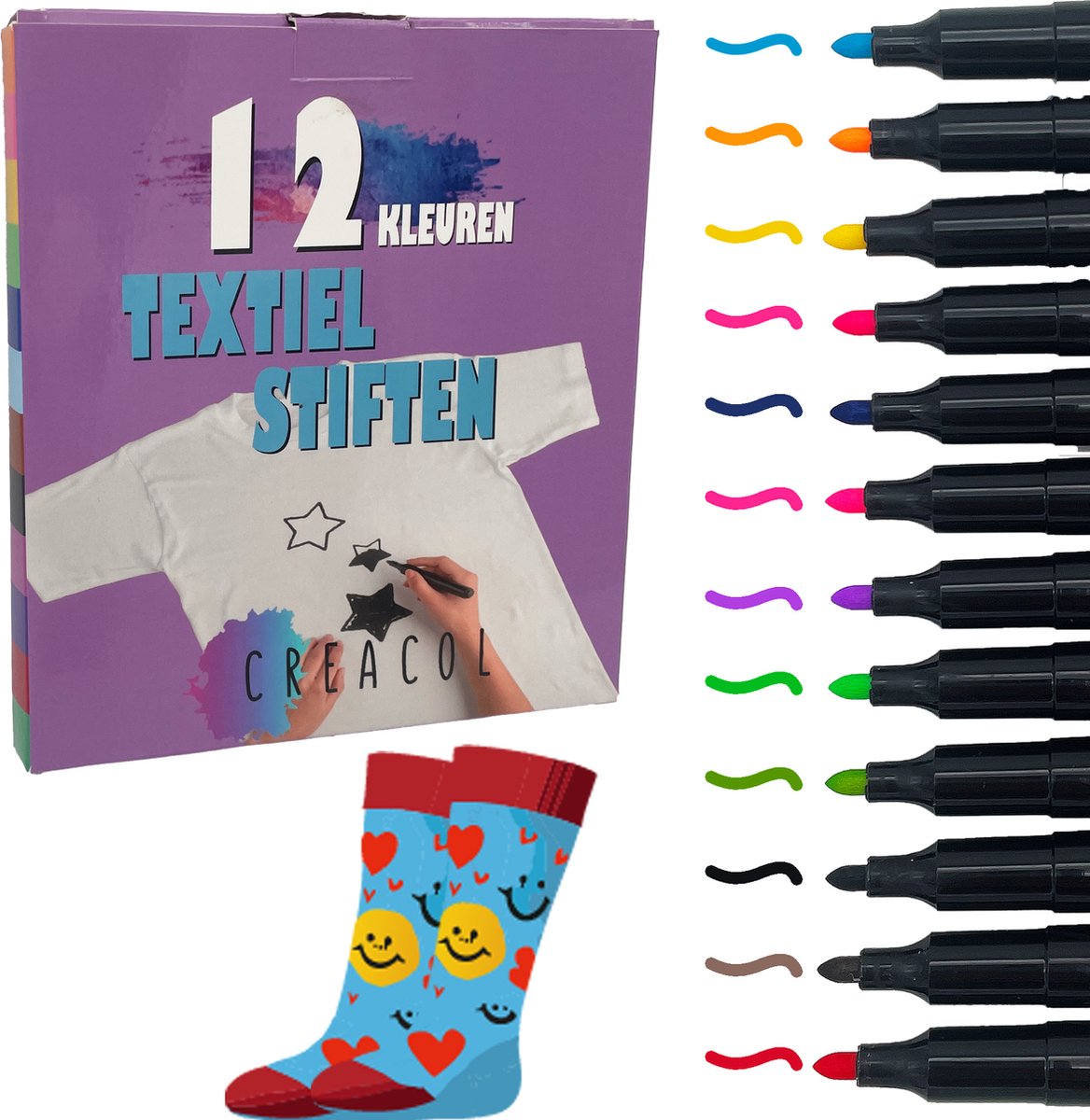 CREACOL Textielstiften voor kinderen - 12 stuks - Textielmarkers - Kleding Stiften - Textielstift