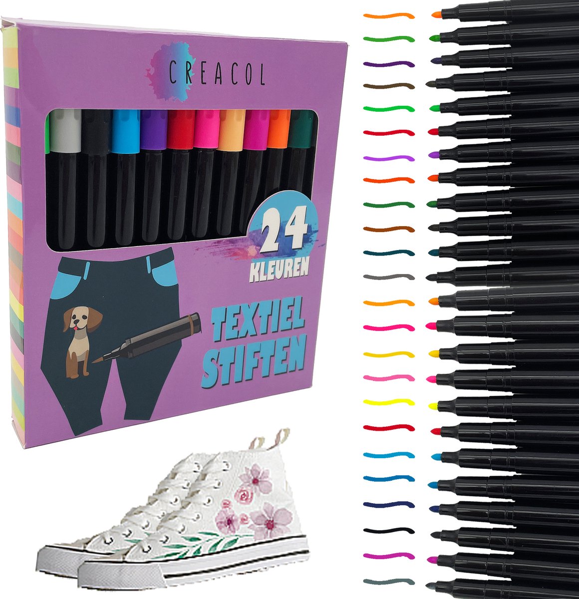 CREACOL Textielstiften voor kinderen - 24 stuks - Textielmarkers - Kleding Stiften - Textielstift